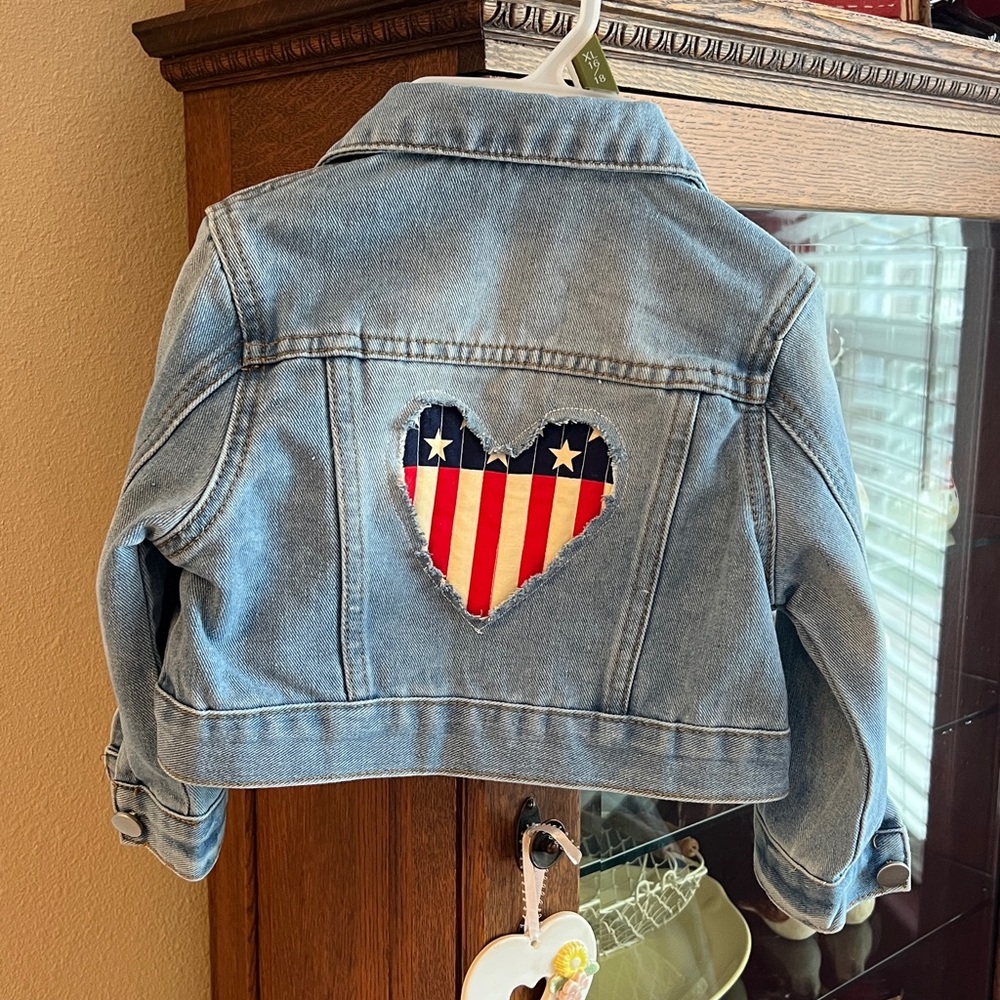 Girls Light Blue Denim Jacket with Quilted American Heart Flag Appliqué